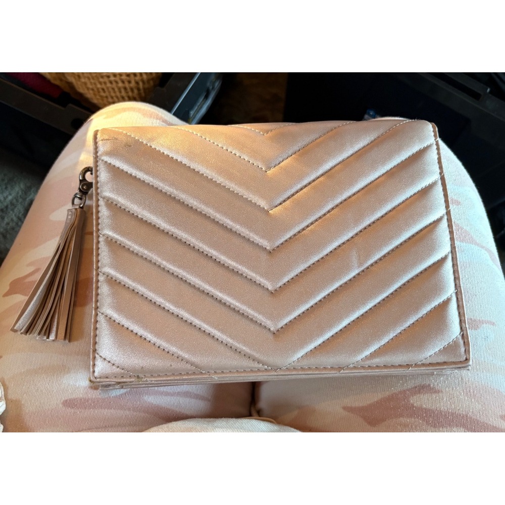 Neiman‎ Marcus Champagne Satin Chevron Quilted Clutch Bag with Tassel Detail
